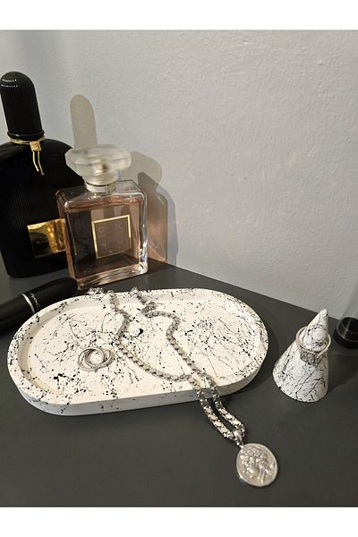 Gamy Crafts 2-piece Decorative Concrete Plate and Ring Set - Marble Pattern, Oval Shaped