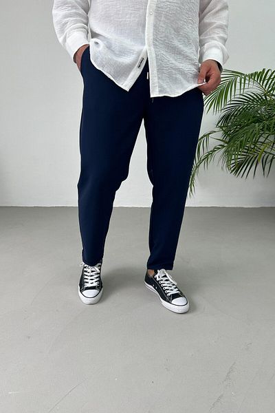 He Brand Men's Navy Blue Boyfriend Fabric Pants Relaxed Fit Pleated Double Leg Jogger