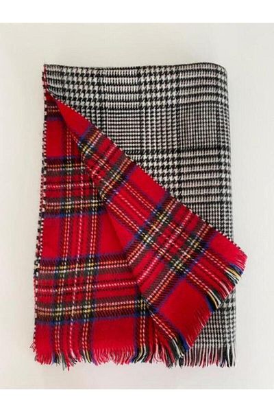 Uygur Women's Red Scottish Pattern Double Sided Shawl