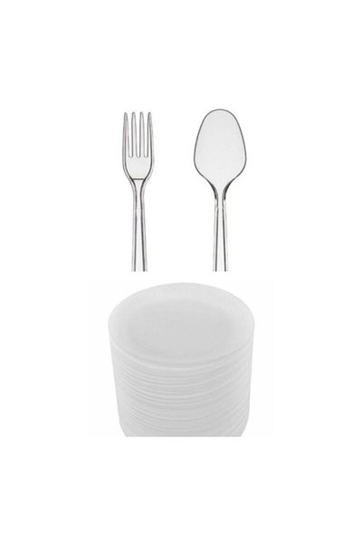 PLASTİKAP Plastic Fork + Plastic Spoon + 17 Cm Foam Plate 50 Pieces