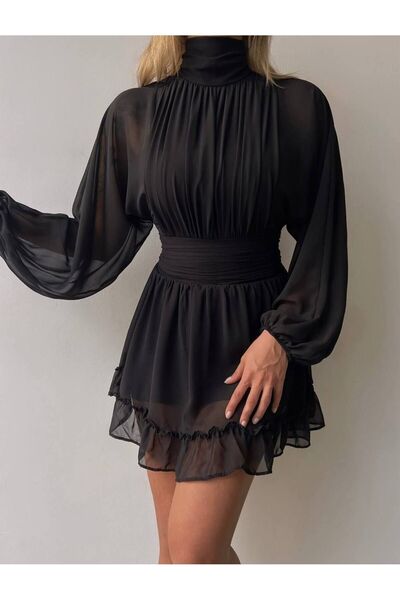 popibutik Munora Butik Dik Yakalı Şifon Siyah Elbise