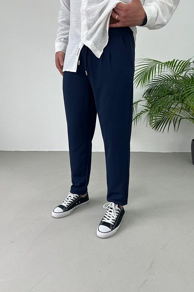 He Brand Men's Navy Blue Boyfriend Fabric Pants Relaxed Fit Pleated Double Leg Jogger