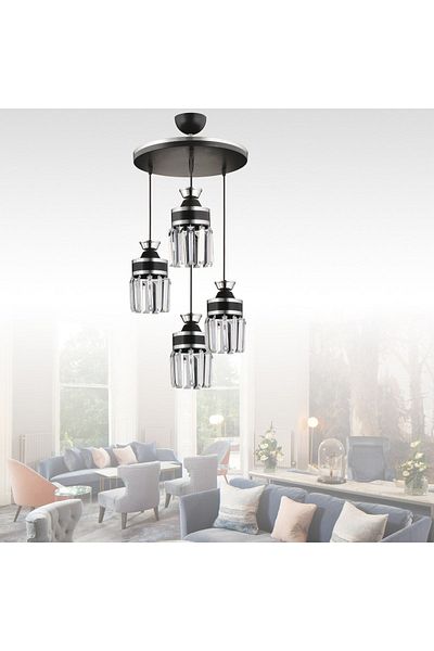 SONSUZ AYDINLATMA&AVİZE Tokyo 4-Piece Black Pendant Lamp Crystal Stone Chrome Strip Cylinder Downward Facing Luxury Chandelier