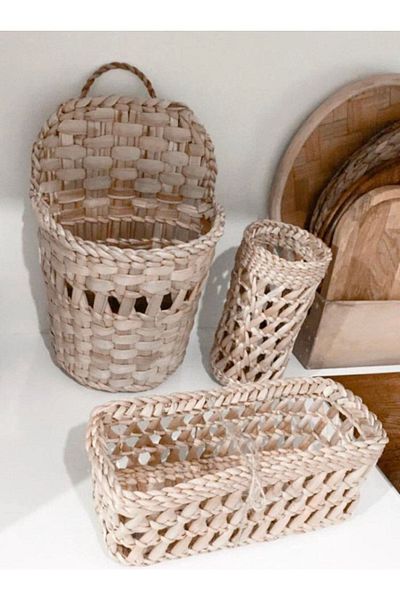 AFRALYAHOME Ψάθινο και Ξύλινο Organizer Κουζίνας - Σετ μαχαιροπήρουνων 3 τεμαχίων