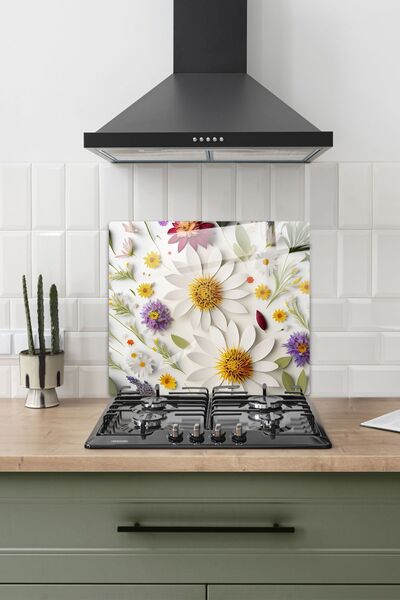 Cam Ocak Arkası Koruyucu | Flower Mix | 52cm X 60cm