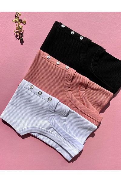 VicTroy Button Detailed 3-Piece Pool Collar White, Black and Dusty Rose Color Cotton Lycra Blouse