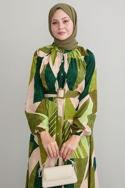 InStyle Khaki Viscose Dress - Geometric Pattern and Belt