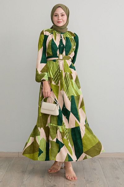 InStyle Khaki Viscose Dress - Geometric Pattern and Belt