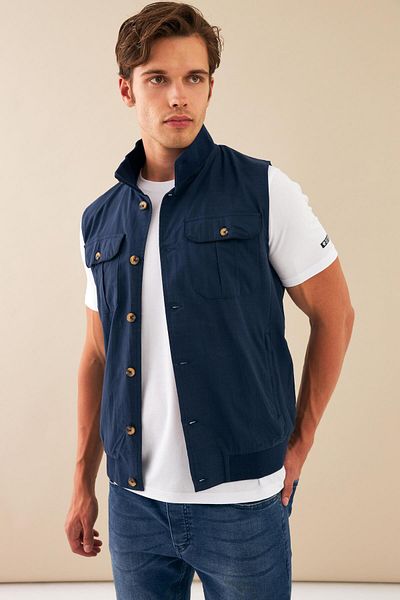 Escetic Ανδρικό λινό αθλητικό γιλέκο 6931 - Navy, αναπνεύσιμο, βαμβακερό και υφαντό με φτερό