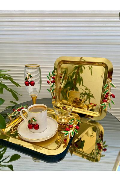 atabey home collection صينية ذهبية مكونة من 6 قطع - صينية قهوة وشاي متوافقة مع نموذج دالي الزيتون والمكسرات