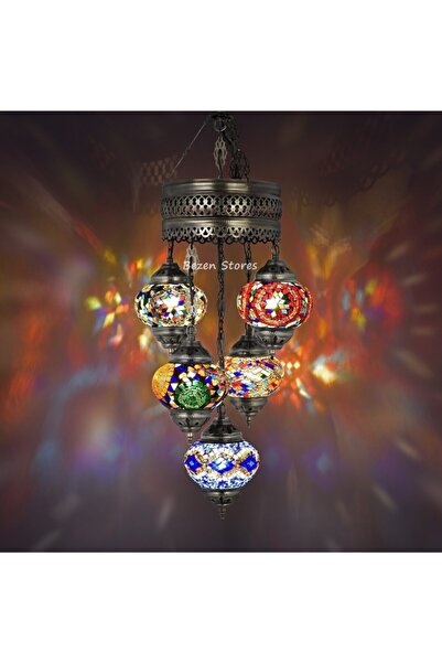 bezenstore 5 Küreli Mozaik Avize Otantik Türk Lambası, El Yapımı Mozaik Asma Tavan Avizesi(mix)