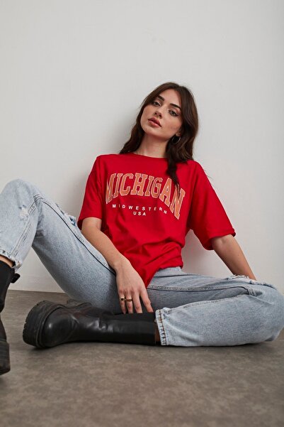 Mad&Calf Women's Red Michigan Printed Oversize T-shirt