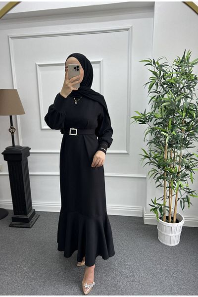Nisa Nalbantoğlu Φόρεμα Crepe Invitation - Μαύρη Πέτρινη Ζώνη, Πίσω με φερμουάρ