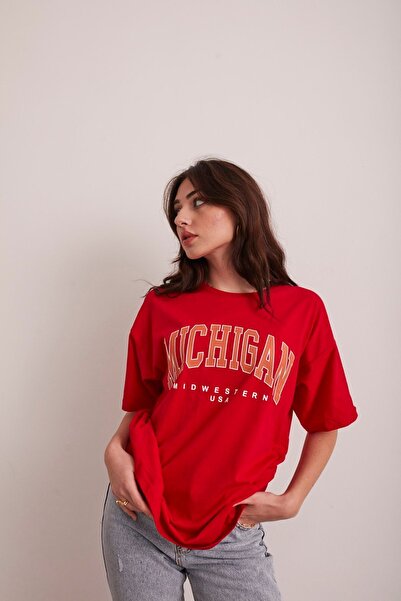 Mad&Calf Women's Red Michigan Printed Oversize T-shirt