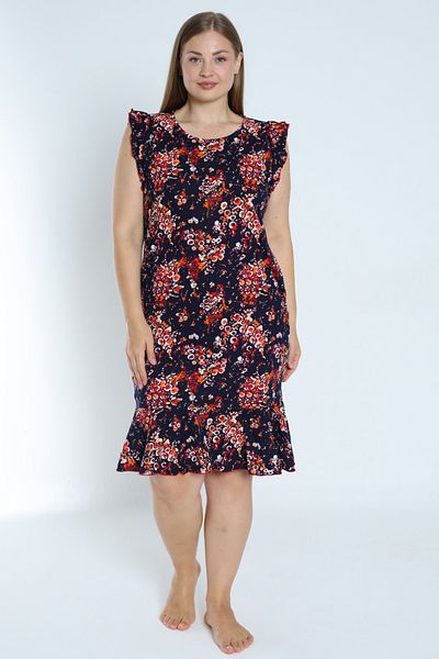 İntensive Navy blue plus size print - φόρεμα από 100% βαμβακερή τσέπη και βολάν μανίκια και φούστα