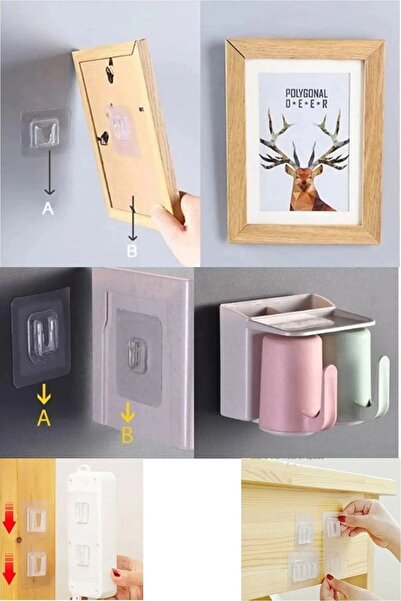 VİGENTİNO 2 Adet Çift Taraflı Yapışkanlı Geçmeli Klips Eşya Sabitleme Askısı Şeffaf Duvar Kancası