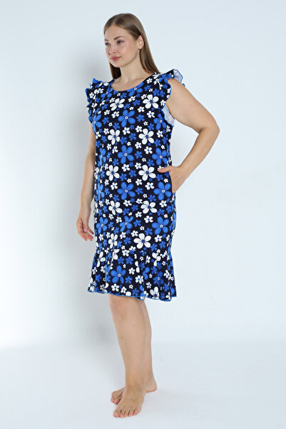 İntensive Navy Blue 100% βαμβάκι - Φόρεμα μεγάλου μεγέθους με τσέπες και λουράκια με βολάν