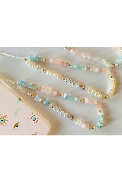 LORESİMA AKSESUAR Pembe Kuvars Ve Mavi Doğal Taş Telefon Askısı Ve Telefon Ch...