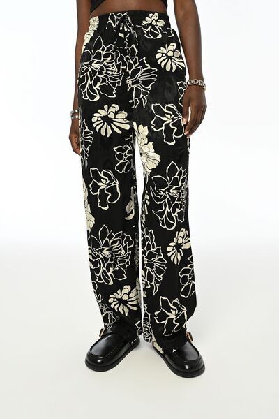 Orfeo Negro Γυναικείο ζακάρ παντελόνι με άνετη εφαρμογή με λουλούδια - ελαστική μέση