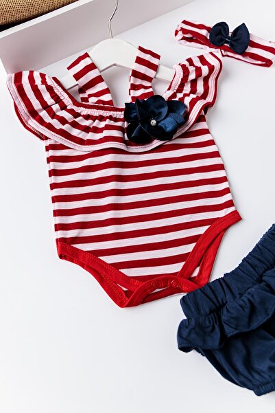 Babymod Baby Girl Red Striped Bandana Jumpsuit Set