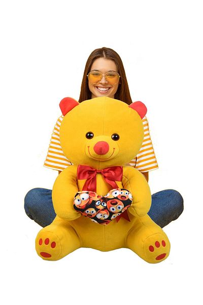 Sole Emoji Themed Yellow Teddy Bear with Heart and Bow 70-80 Cm - 100% Domestic