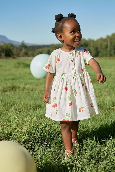 Next Baby White Strawberry Patterned 100% Cotton Short Sleeve Dress