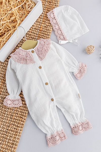 Babymod Dantelli Yaka Detaylı Şapkalı Müslin Kız Bebek Tulum