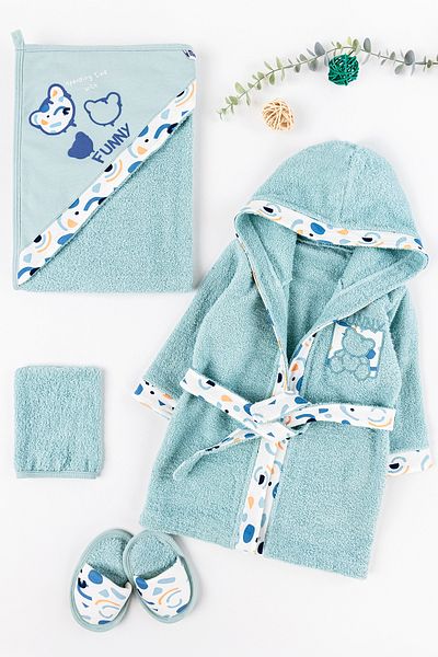 Babymod 4-Piece Cotton Baby Towel Bathrobe Set with Teddy Bear Figure