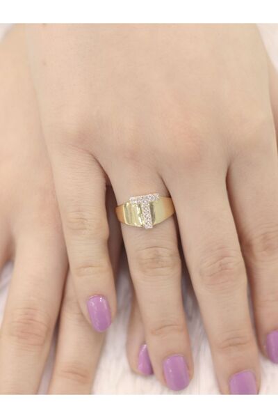 Zeynepli gold & jewelry 14 Ayar Altın Büyük T Harfli Taşlı Yüzük