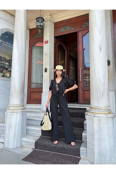 bergibo Stylish Women's Linen Set - Lace-up Vest and Trousers