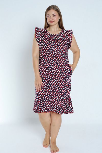 İntensive Plus Size Navy Blue Floral Patterned Flounced Sleeve and Skirt 100% Cotton Pocket Dress