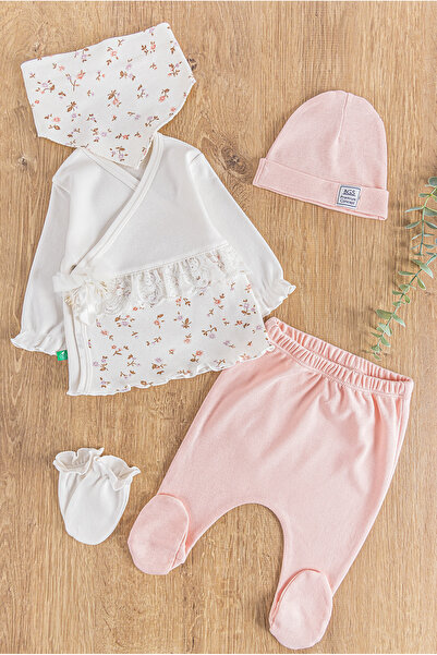 Babymod Çiçek Desenli Güpürlü 5 Parça Kız Bebek Hastane Çıkışı Bebek Takımı