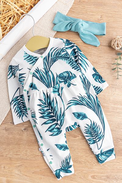 Babymod Leaf Patterned Front Snap Bandana Baby Girl Jumpsuit