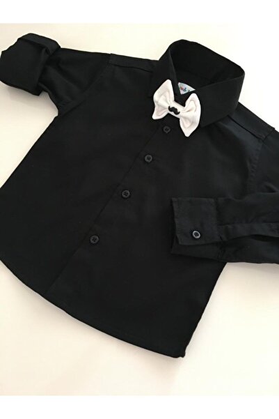 tubibebe Siyah Bebek Gömlek - Beyaz Papyon - Çocuk Gömlek - Erkek Bebek
