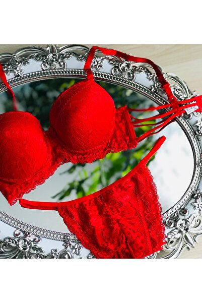 My secret Kırmızı Dantelli Arkası İpli Sütyen Takımı.