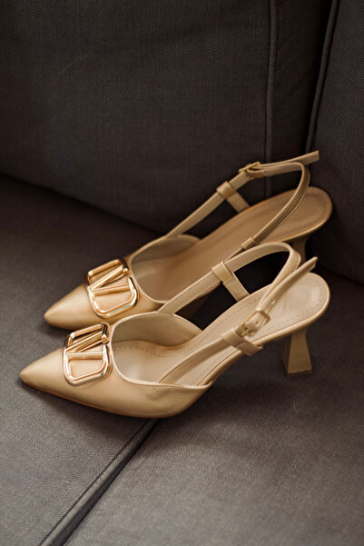 Minaj Store Y3033 Gold Leather Buckle Women's Heeled Shoes