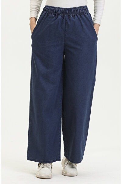 sefamerve Navy Blue Wide Leg Jeans - Elastic Waist 8327-03