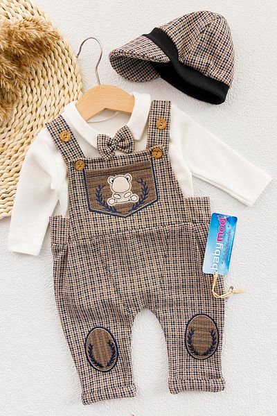 Babymod Vintage Patterned Hat Baby Boy Jumpsuit Salopet Set