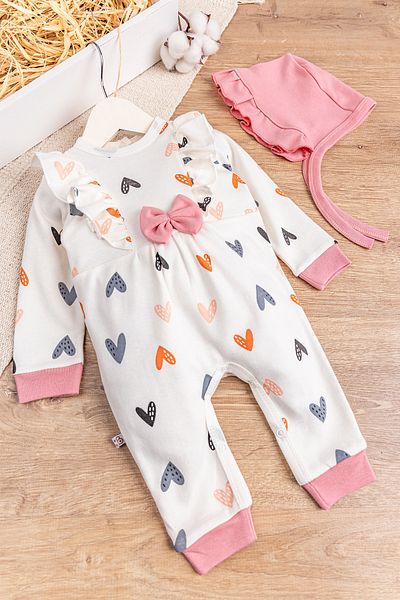 Babymod Heart Patterned Baby Girl Jumpsuit with Ruffled Hat