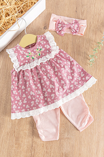 Babymod Çiçek Desenli Bandanalı 3'lü Kız Bebek Elbiseli Takım