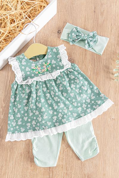 Babymod Floral Patterned Bandana 3-Piece Baby Girl Dress Set