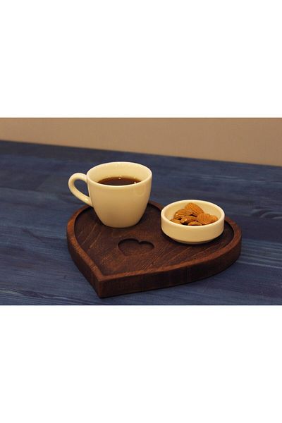 Davi Ahşap Set of 3 with Wooden Heart Presentation Plate Cup and Cup Special for Mother's Day