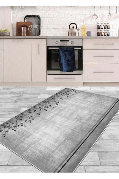 Ardizayn Sarmaşık (Gri) - Dijital Baskı, Kaymaz, Dokuma Taban, Mutfak Halısı,...