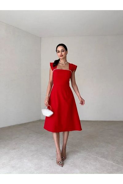 MAMMY Red Collar Sequential Pearls Thick Straps Midi Dress