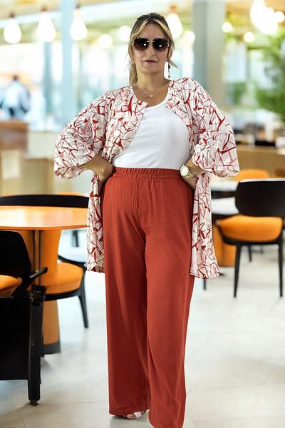 yagmurberen Plus Size Patterned Cotton Viscose Summer Set - Buttoned Jacket and Elastic Waist Pants