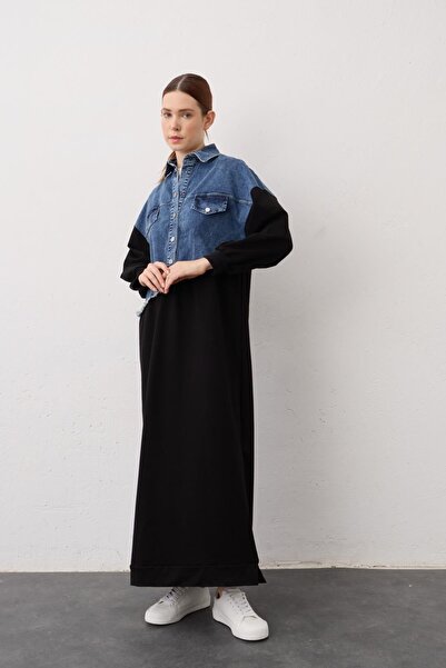 Basicpark Black Denim Detailed Cotton Knitted Dress