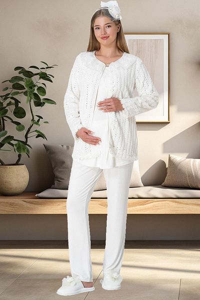 Mecit Pijama طقم بيجامة من 3 قطع من القطيفة للحوامل والأمومة - قطن وفسكوزي