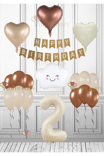 LOTUS PARTY 2 Year Old Retro Birthday Set - Cloud Foil Balloon, Cream Number Foil, Kraft Happy Heart Balloon