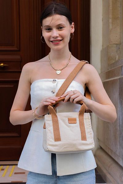 Mopia Geantă tote din pânză pentru femei - maro crem, curea încrucișată