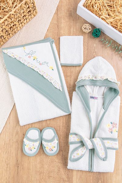 Babymod Floral Embroidered Frilly 4 Piece Cotton Baby Girl Towel Bathrobe Set